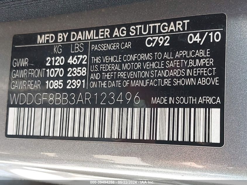 2010 Mercedes-Benz C 300 Luxury 4Matic/Sport 4Matic VIN: WDDGF8BB3AR123496 Lot: 39494258