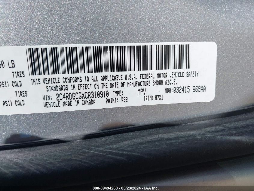 2012 Dodge Grand Caravan Sxt VIN: 2C4RDGCGXCR310910 Lot: 39494260