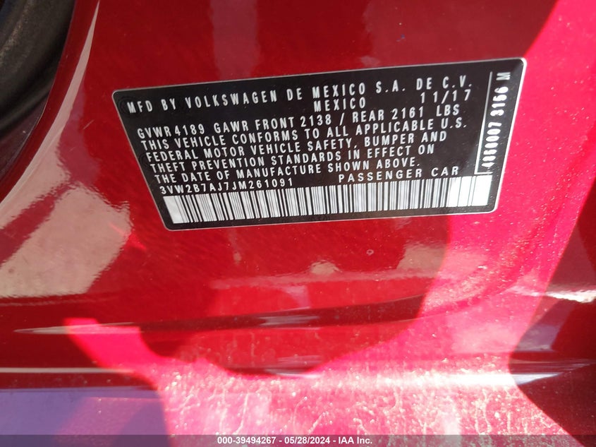 2018 Volkswagen Jetta 1.4T S VIN: 3VW2B7AJ7JM261091 Lot: 39494267