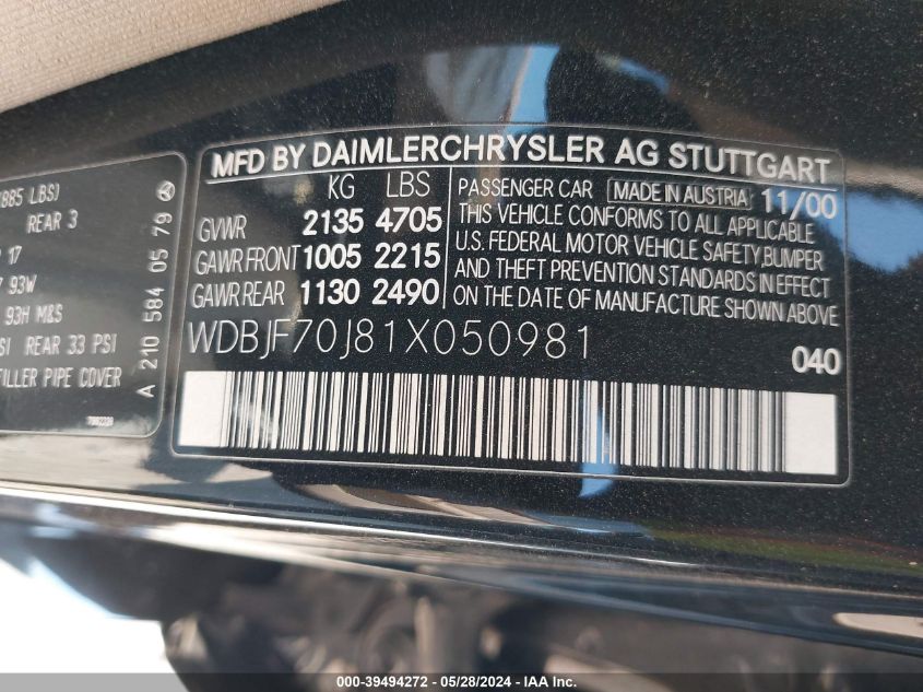 2001 Mercedes-Benz E 430 VIN: WDBJF70J81X050981 Lot: 39494272