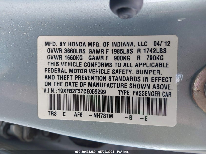 2012 Honda Civic Lx VIN: 19XFB2F57CE059299 Lot: 39494280