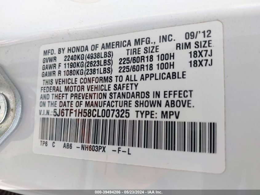 2012 Honda Crosstour Ex-L VIN: 5J6TF1H58CL007325 Lot: 39494286