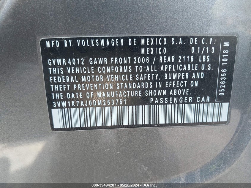 2013 Volkswagen Jetta 2.0L S VIN: 3VW1K7AJ0DM263751 Lot: 39494287