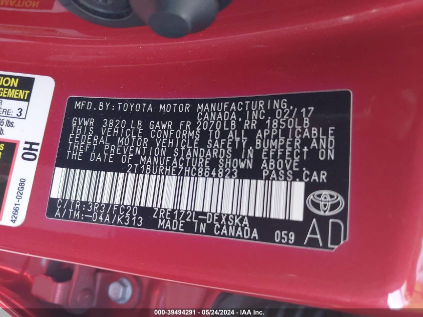 2017 Toyota Corolla Se VIN: 2T1BURHE7HC864823 Lot: 39494291