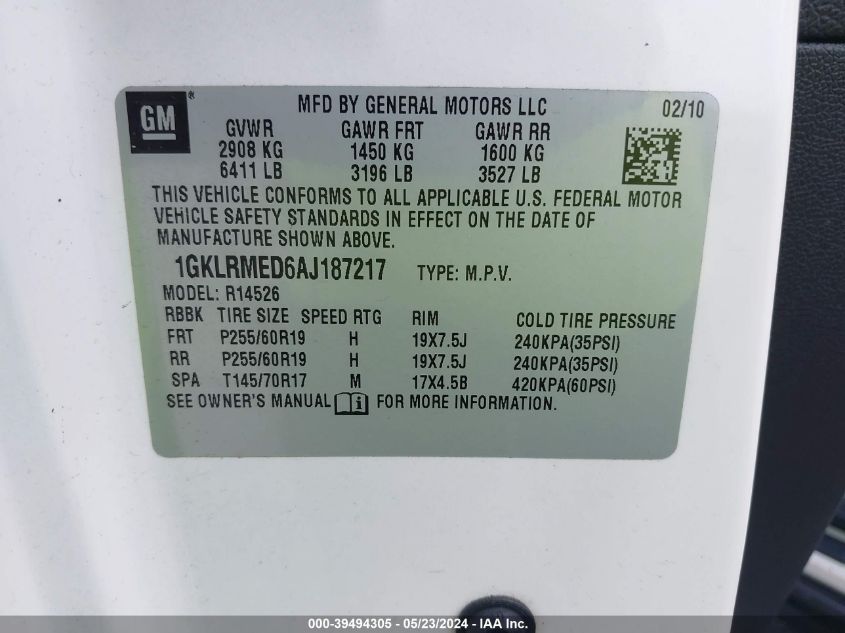 2010 GMC Acadia Slt-1 VIN: 1GKLRMED6AJ187217 Lot: 39494305