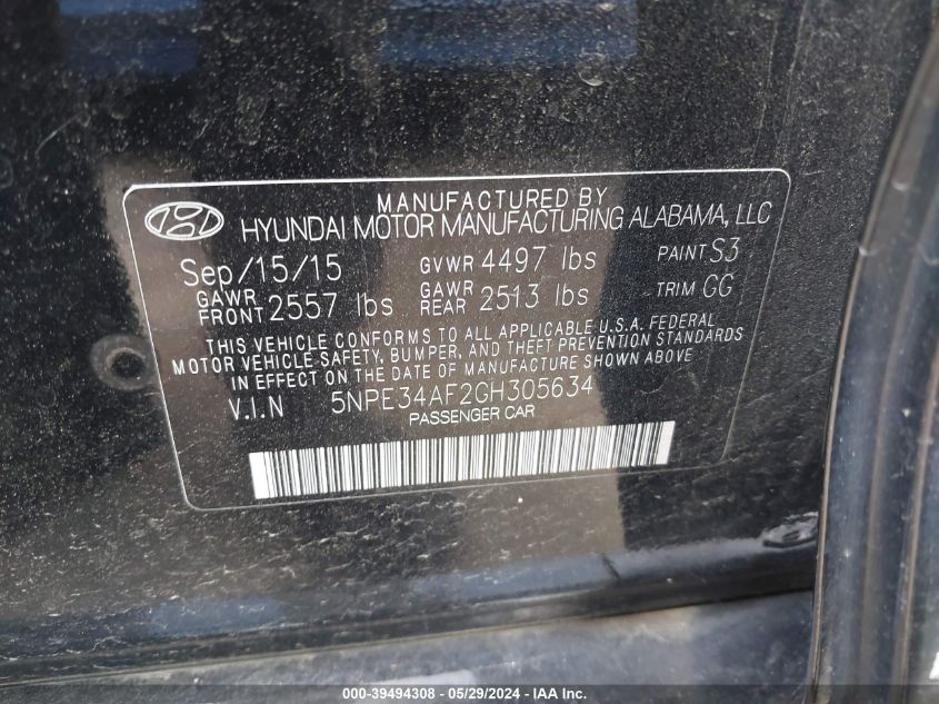 2016 HYUNDAI SONATA LIMITED - 5NPE34AF2GH305634