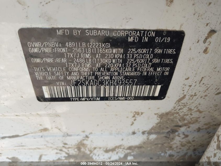 2019 Subaru Forester Premium VIN: JF2SKAGC3KH493557 Lot: 39494312