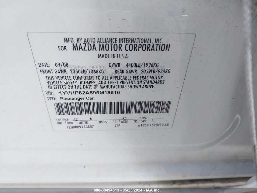 2009 Mazda Mazda6 I Touring VIN: 1YVHP82A595M18616 Lot: 39494313