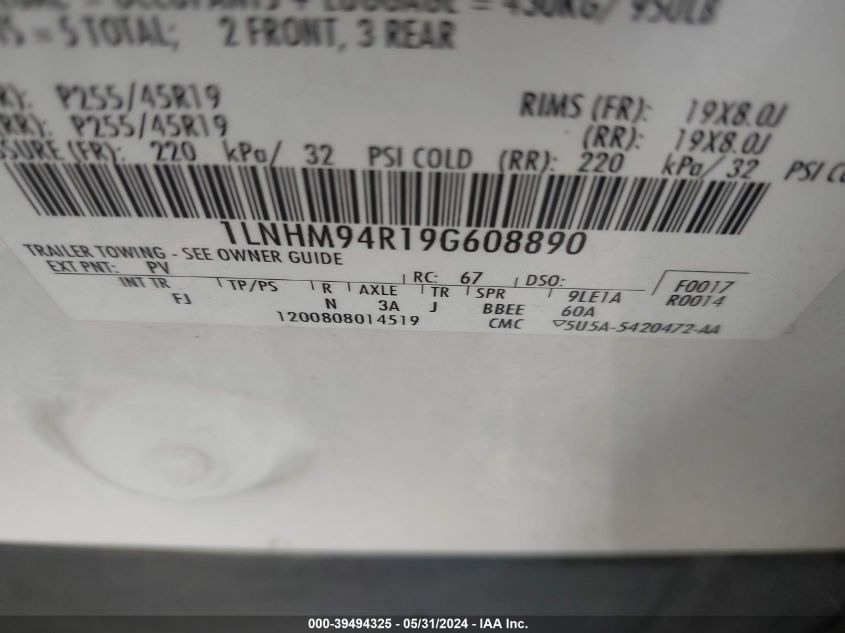 2009 Lincoln Mks VIN: 1LNHM94R19G608890 Lot: 39494325