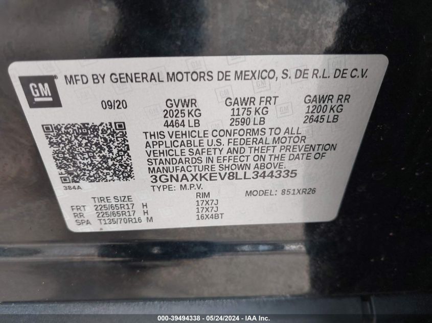 2020 CHEVROLET EQUINOX FWD LT 1.5L TURBO - 3GNAXKEV8LL344335