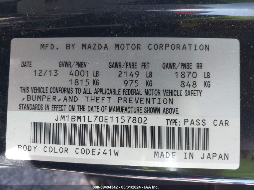 2014 Mazda Mazda3 I Touring VIN: JM1BM1L70E1157802 Lot: 39494342