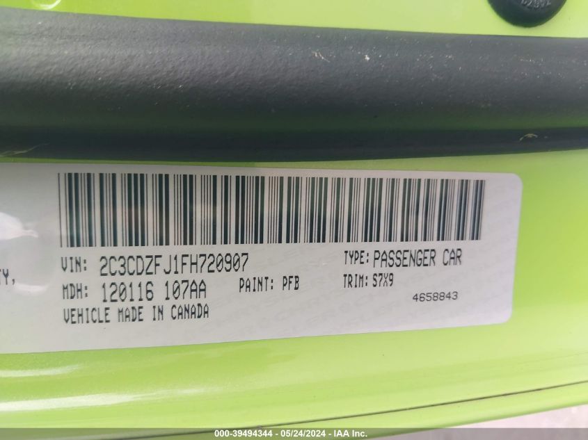 2015 Dodge Challenger R/T Scat Pack VIN: 2C3CDZFJ1FH720907 Lot: 39494344