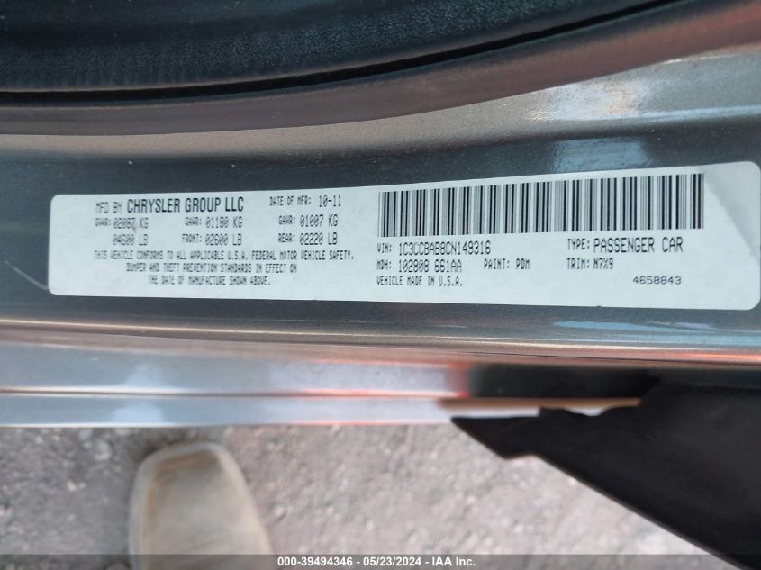 2012 Chrysler 200 Lx VIN: 1C3CCBAB8CN149316 Lot: 39494346