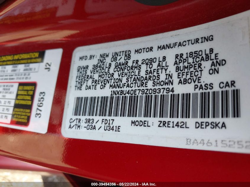 2009 Toyota Corolla S VIN: 1NXBU40E79Z093794 Lot: 39494356