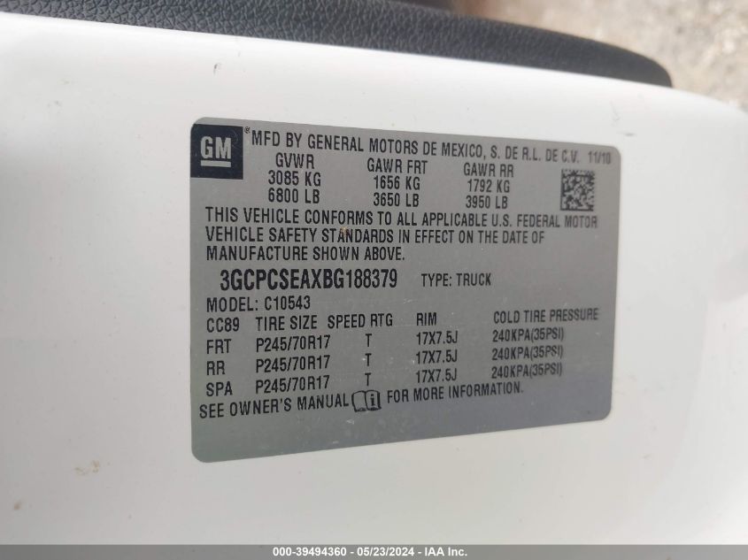 2011 Chevrolet Silverado 1500 Lt VIN: 3GCPCSEAXBG188379 Lot: 39494360