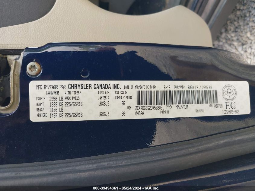 2013 Dodge Grand Caravan Se/Sxt VIN: 2C4RDGBG2DR502051 Lot: 39494361