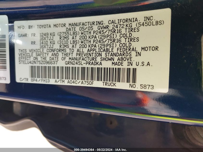 2005 Toyota Tacoma Base V6 VIN: 5TELU42N75Z096637 Lot: 39494364