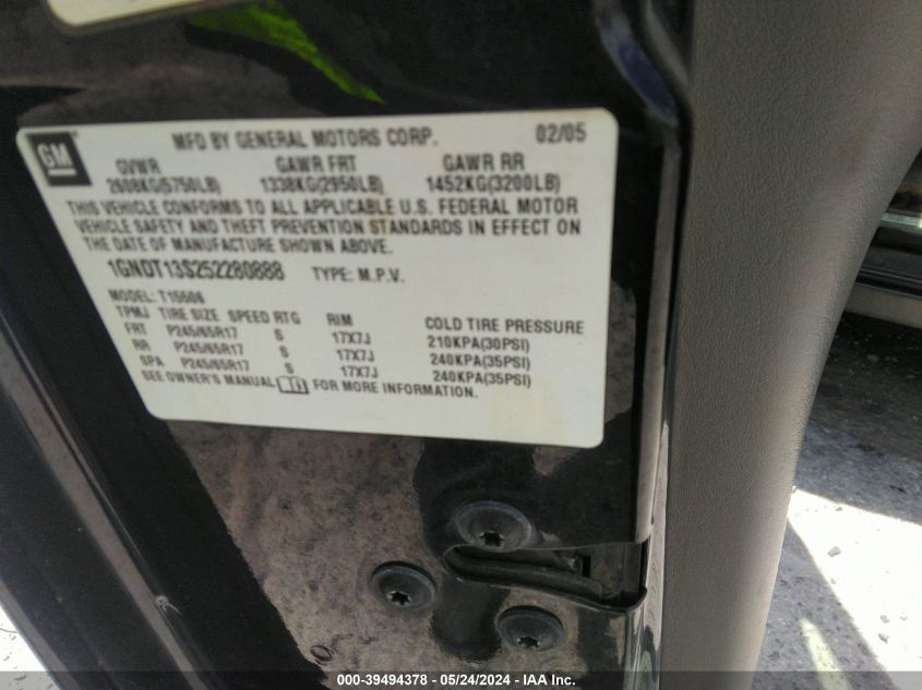 2005 Chevrolet Trailblazer Lt VIN: 1GNDT13S252280888 Lot: 39494378