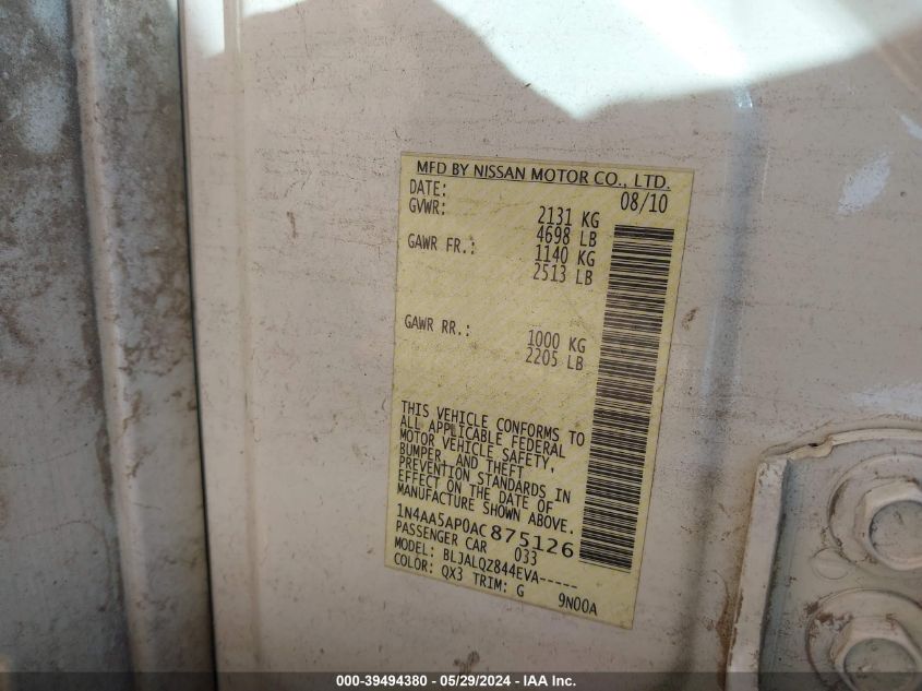 2010 Nissan Maxima 3.5 S VIN: 1N4AA5AP0AC875126 Lot: 39494380