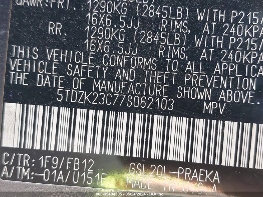 2007 Toyota Sienna Ce VIN: 5TDZK23C77S062103 Lot: 39494385