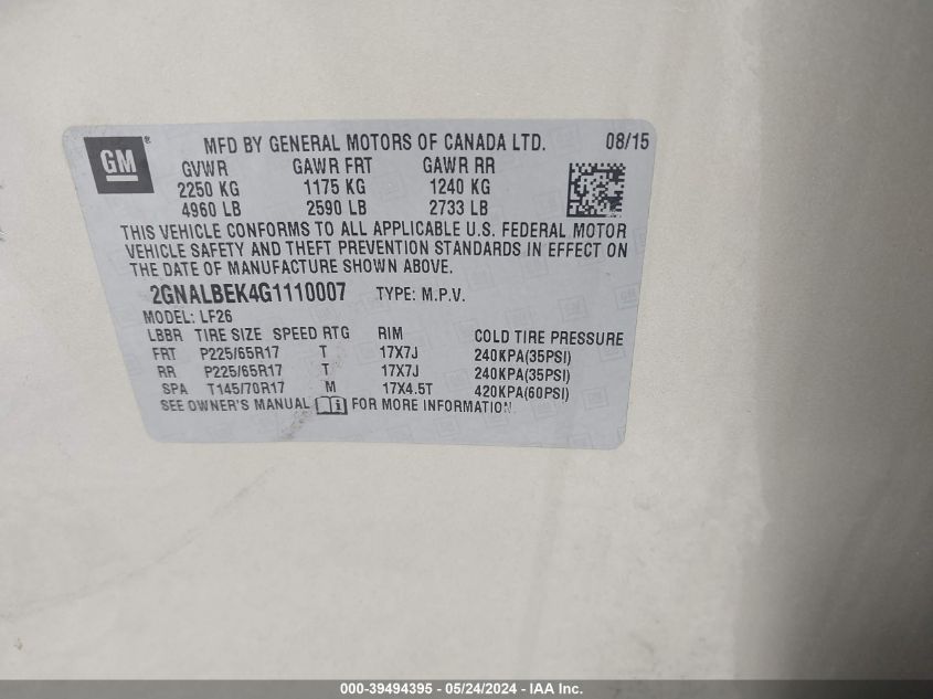 2016 Chevrolet Equinox Ls VIN: 2GNALBEK4G1110007 Lot: 39494395