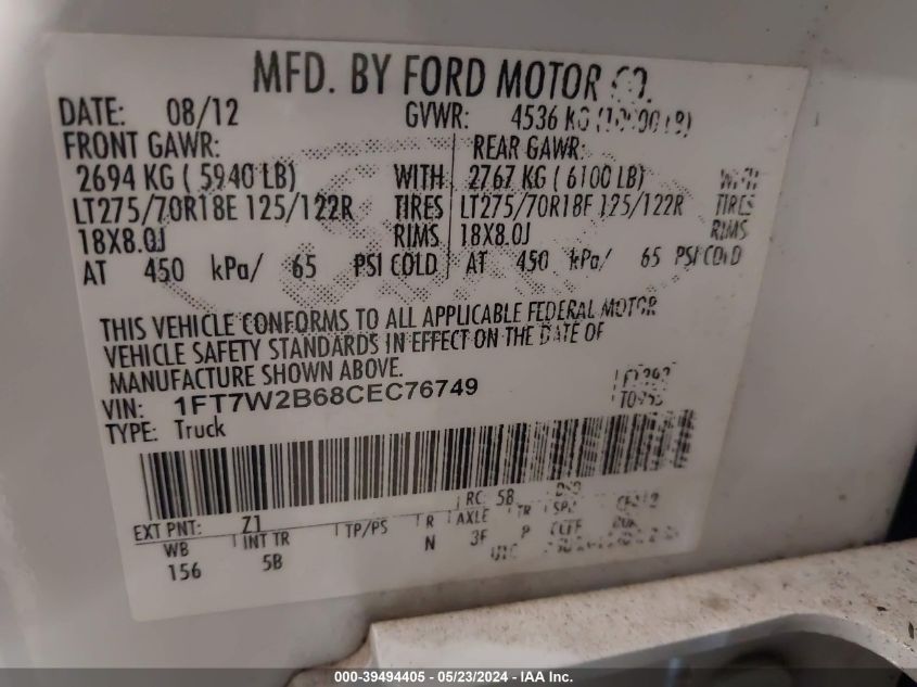 2012 Ford F-250 Lariat VIN: 1FT7W2B68CEC76749 Lot: 39494405