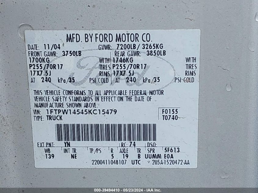 2005 Ford F-150 Fx4/Lariat/Xlt VIN: 1FTPW14545KC15479 Lot: 39494410