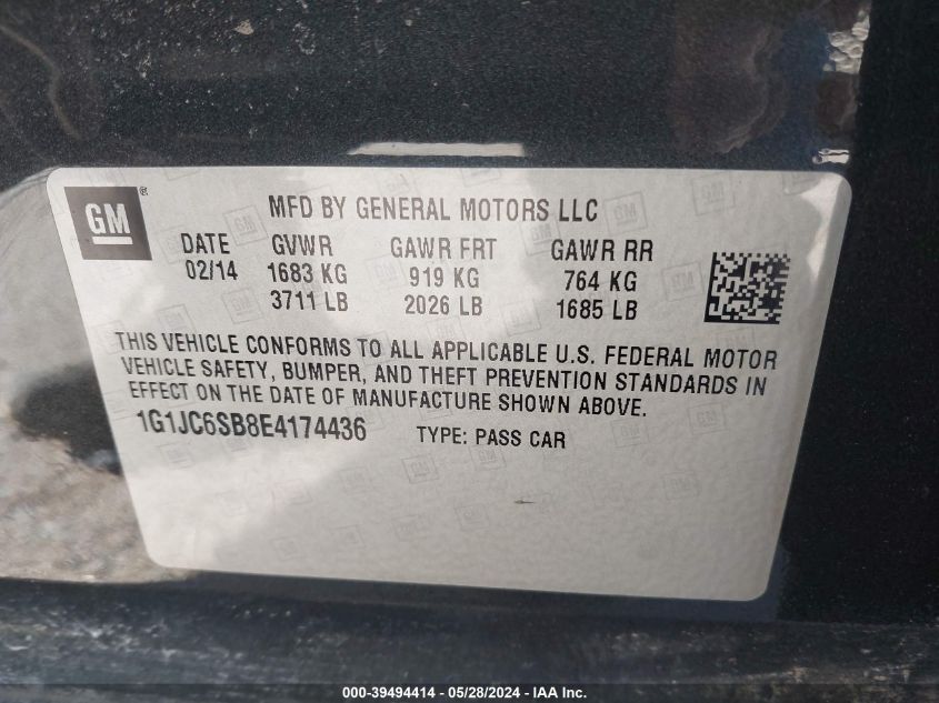 2014 Chevrolet Sonic Lt Auto VIN: 1G1JC6SB8E4174436 Lot: 39494414