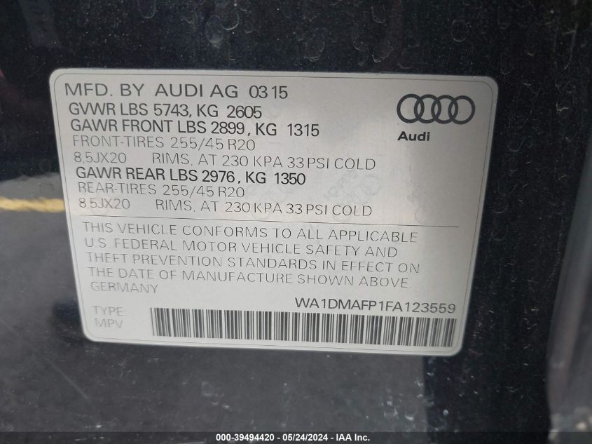 2015 Audi Q5 3.0 Tdi Premium Plus VIN: WA1DMAFP1FA123559 Lot: 39494420