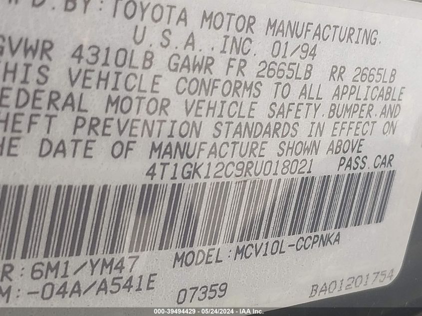 1994 Toyota Camry Le VIN: 4T1GK12C9RU018021 Lot: 39494429