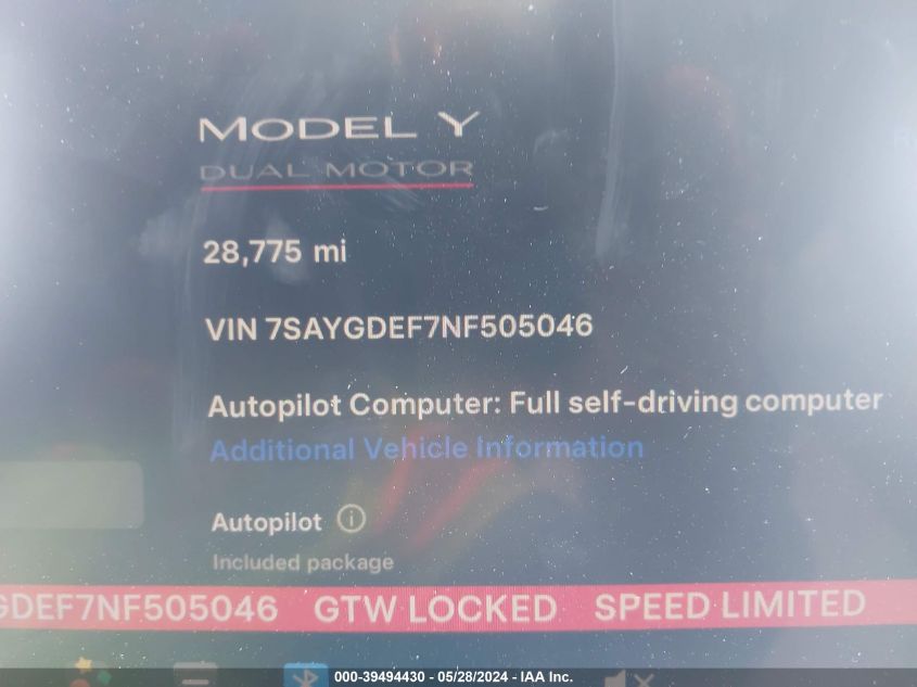 2022 Tesla Model Y Performance Dual Motor All-Wheel Drive VIN: 7SAYGDEF7NF505046 Lot: 39494430