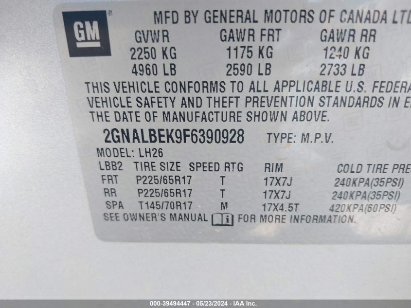 2015 Chevrolet Equinox 1Lt VIN: 2GNALBEK9F6390928 Lot: 39494447