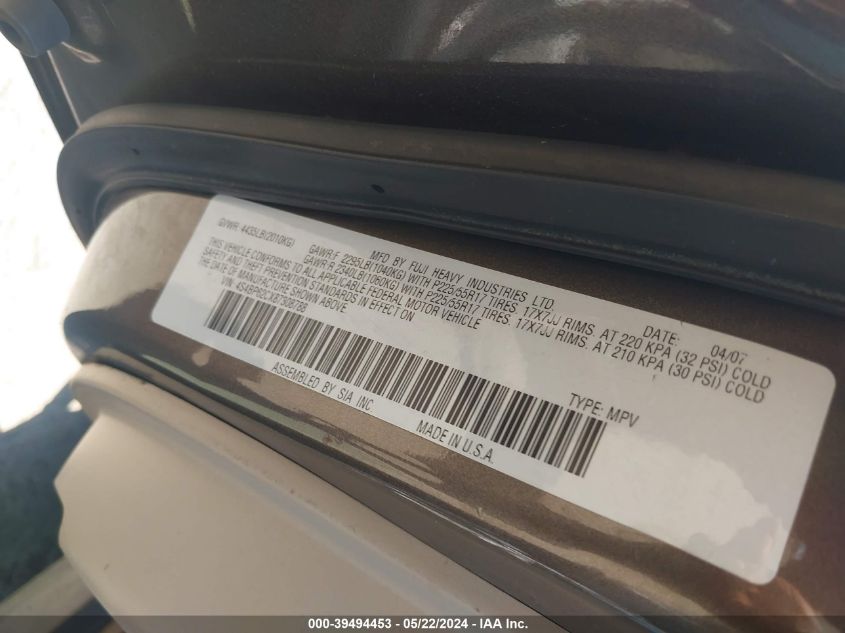 2008 Subaru Outback 2.5I Limited/2.5I Limited L.l. Bean Edition VIN: 4S4BP62CX87308788 Lot: 39494453