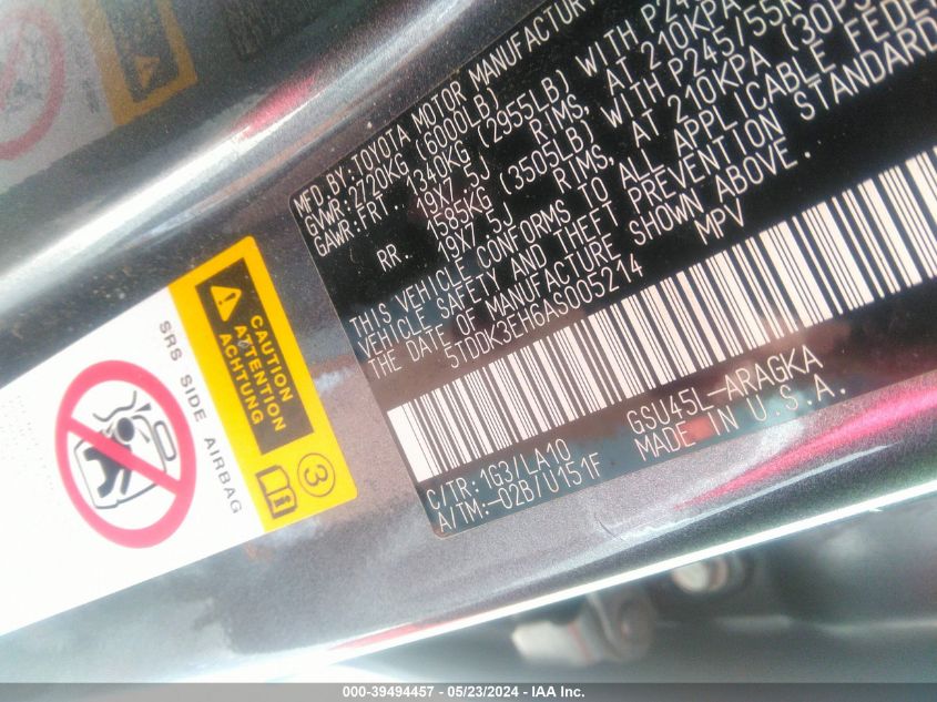 2010 Toyota Highlander Limited V6 VIN: 5TDDK3EH6AS005214 Lot: 39494457