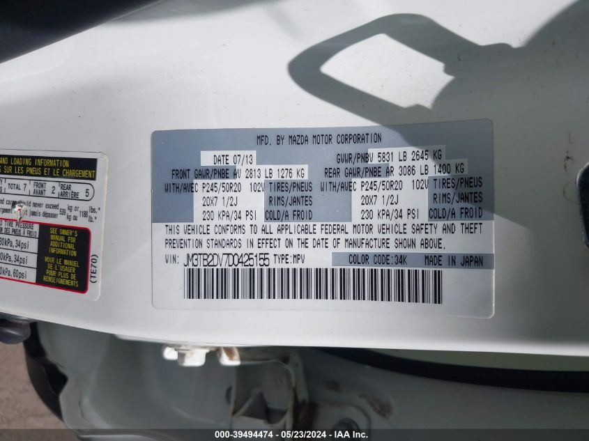 2013 Mazda Cx-9 Grand Touring VIN: JM3TB2DV7D0425155 Lot: 39494474