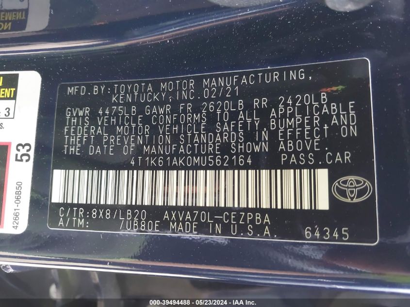 2021 Toyota Camry Xse VIN: 4T1K61AK0MU562164 Lot: 39494488