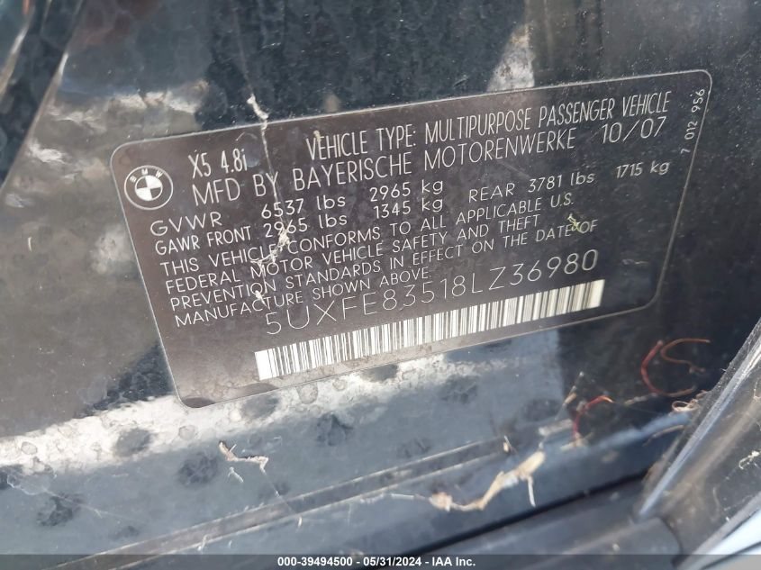 2008 BMW X5 4.8I VIN: 5UXFE83518LZ36980 Lot: 39494500