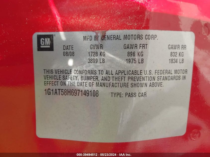 2009 Chevrolet Cobalt Lt VIN: 1G1AT58H697149108 Lot: 39494512