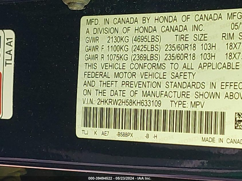 2019 Honda Cr-V Ex VIN: 2HKRW2H58KH633109 Lot: 39494522