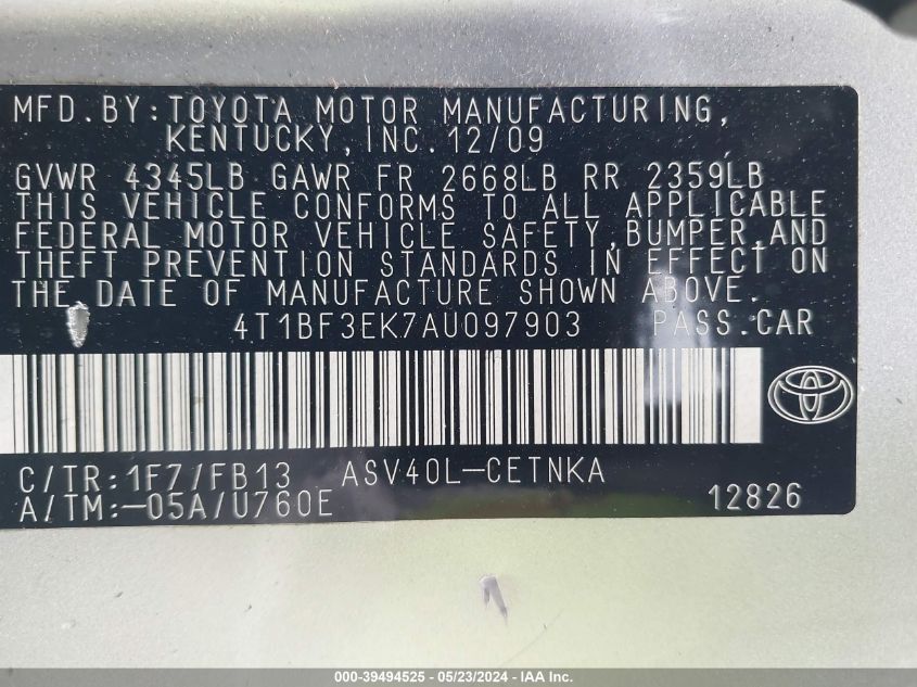 2010 Toyota Camry Le VIN: 4T1BF3EK7AU097903 Lot: 39494525