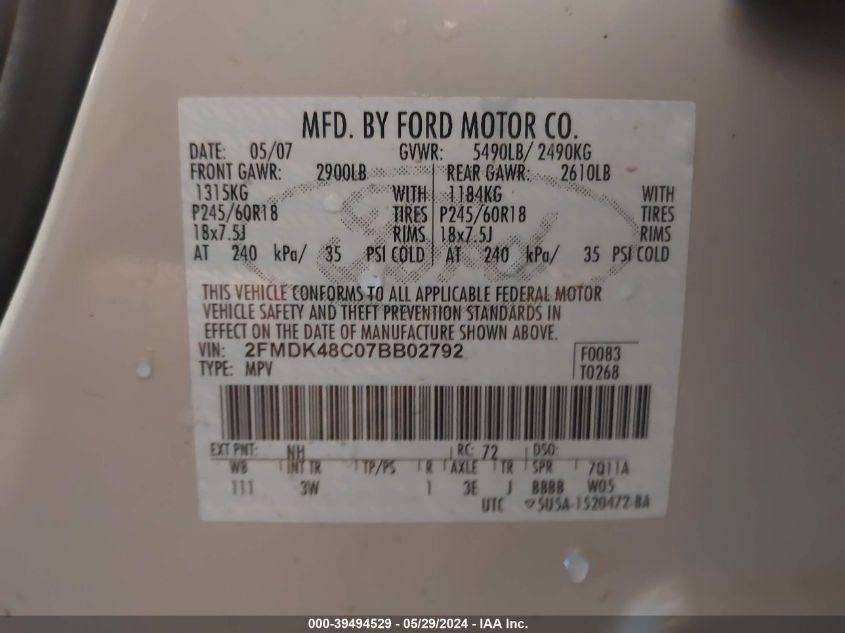 2007 Ford Edge Sel VIN: 2FMDK48C07BB02792 Lot: 39494529