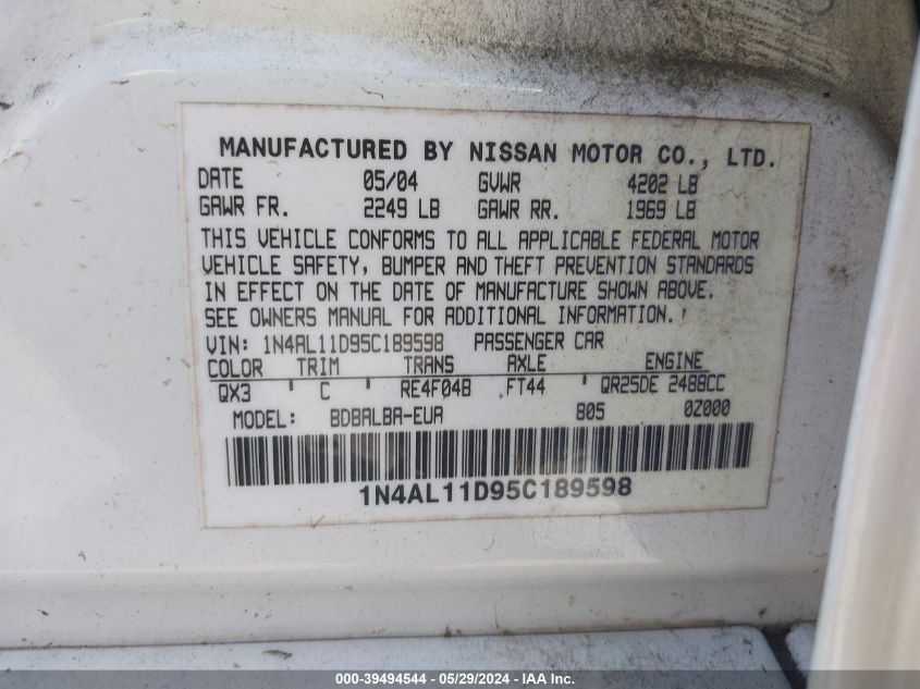 2005 Nissan Altima 2.5 S VIN: 1N4AL11D95C189598 Lot: 39494544