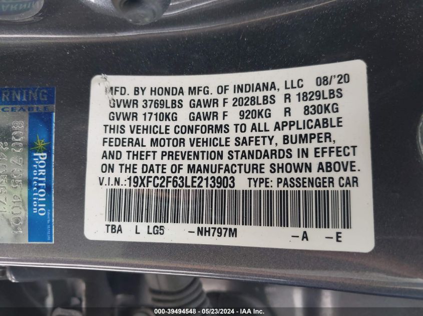 2020 Honda Civic Lx VIN: 19XFC2F63LE213903 Lot: 39494548