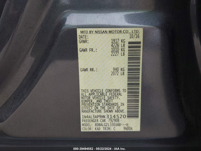 2017 Nissan Altima 2.5 S VIN: 1N4AL3AP9HN314520 Lot: 39494552