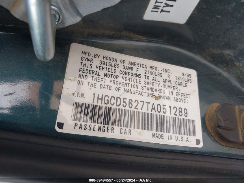 1HGCD5627TA051289 1996 Honda Accord Dx