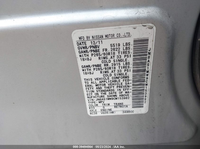 2012 Infiniti Fx35 VIN: JN8AS1MW9CM153982 Lot: 39494564