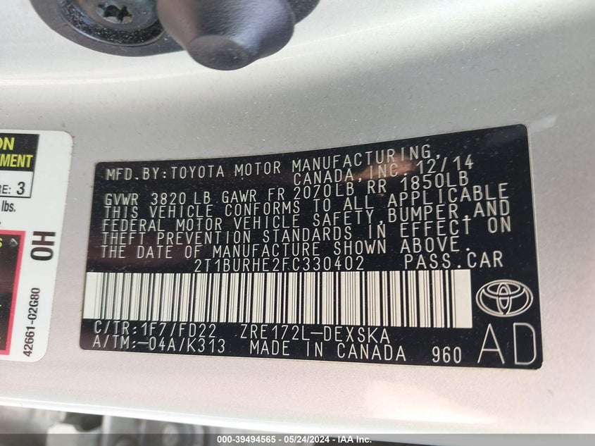 2015 TOYOTA COROLLA L/LE/LE PLS/PRM/S/S PLS - 2T1BURHE2FC330402