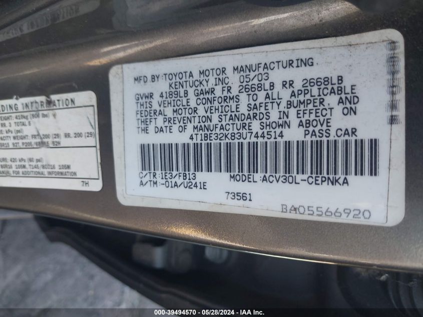 2003 Toyota Camry Le VIN: 4T1BE32K83U744514 Lot: 39494570