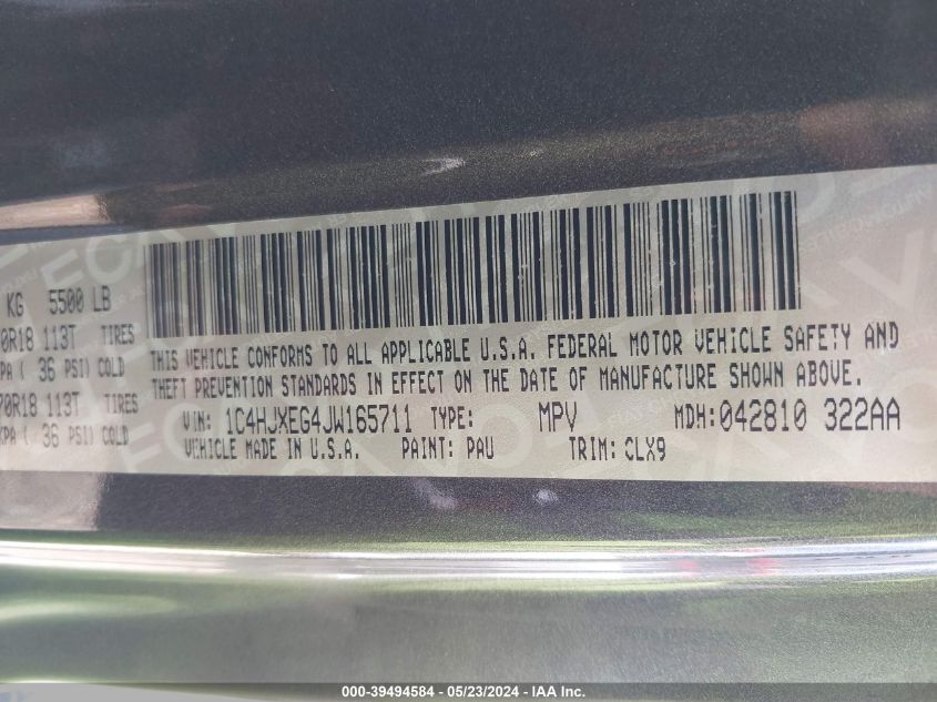 2018 Jeep Wrangler Unlimited Sahara 4X4 VIN: 1C4HJXEG4JW165711 Lot: 39494584