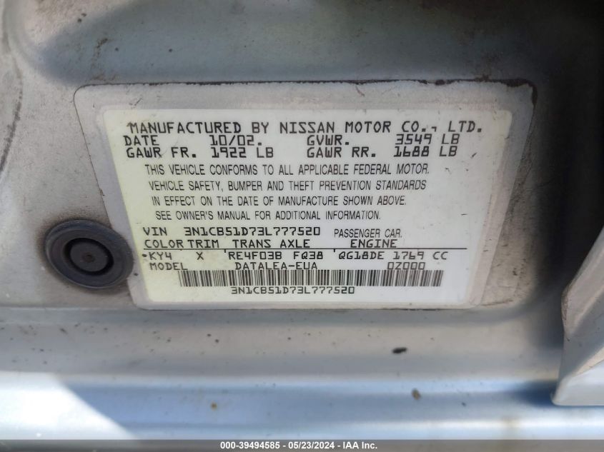 2003 Nissan Sentra Gxe VIN: 3N1CB51D73L777520 Lot: 39494585